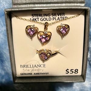 Amethyst sterling silver 14k gold plated ring, earrings and necklace